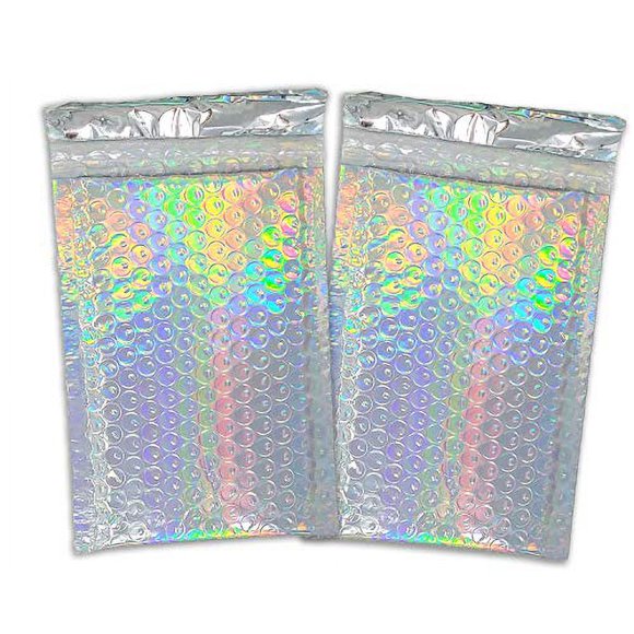 4X8 Holographic Bubble Mailers, Reflective Water Resistant Metallic Padded Shipping Mailing Envelope Bags W/Kissy Stickers (10)