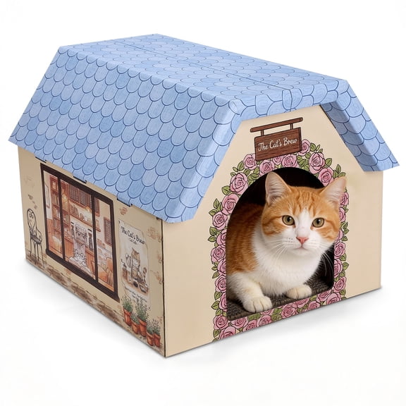 Siooko Cardboard Cat House with Scratching Board, 2-in-1 Cat Scratcher House for Indoor Cats, Multi-Functional Pet Play House, Durable Cat Scratch Pad & Sleeping Bed, Blue, 18 x 15.8 x 14in