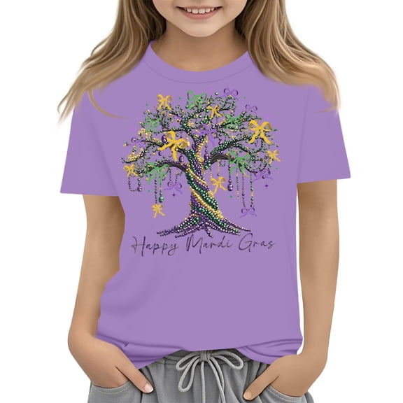 CCRFTGI Mardi Gras Shirt for Child Girls Size 10-12 Cute Bead Tree Shirts Trendy Beads T-Shirt Party Crewneck Gift T-Shirt Purple 9-10 Years