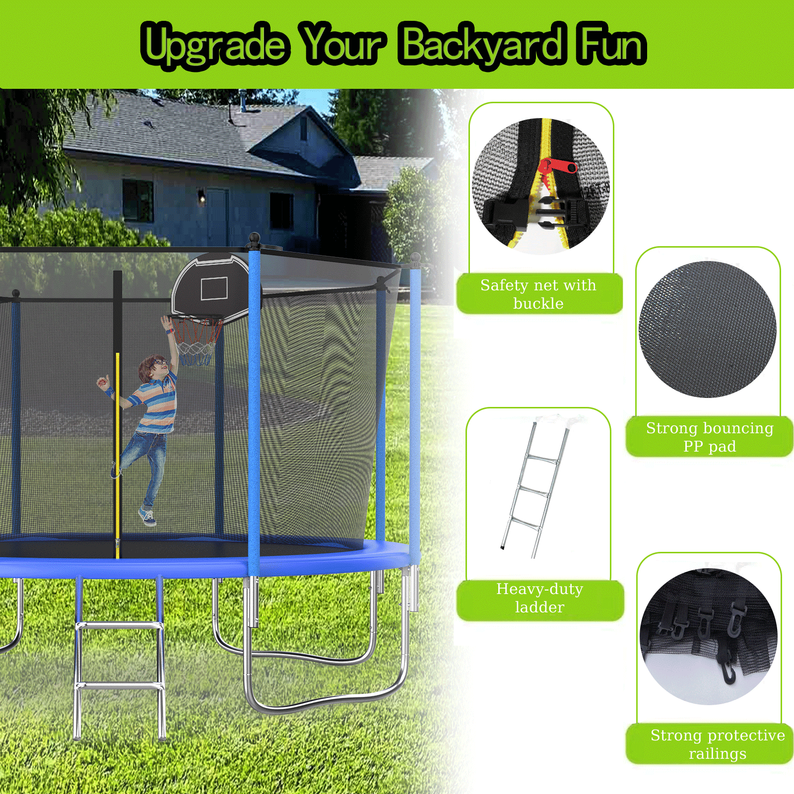 SENCHO GINSYTALIOR 10ft Trampoline with Steel Ladder & 530lbs Safe Enclosure Net for Kids Adults