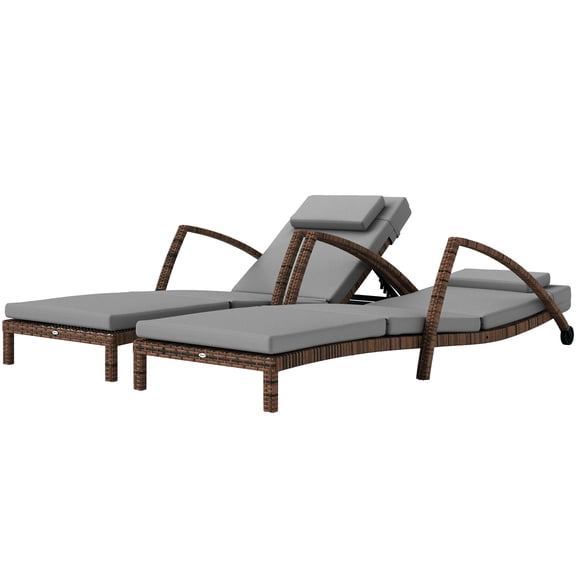 Homiyad Set of 2 Wicker Chaise Lounge Chair Outdoor Patio Lounger with Adjustable Back, Wheels, Cushion, and Armrests, Gray