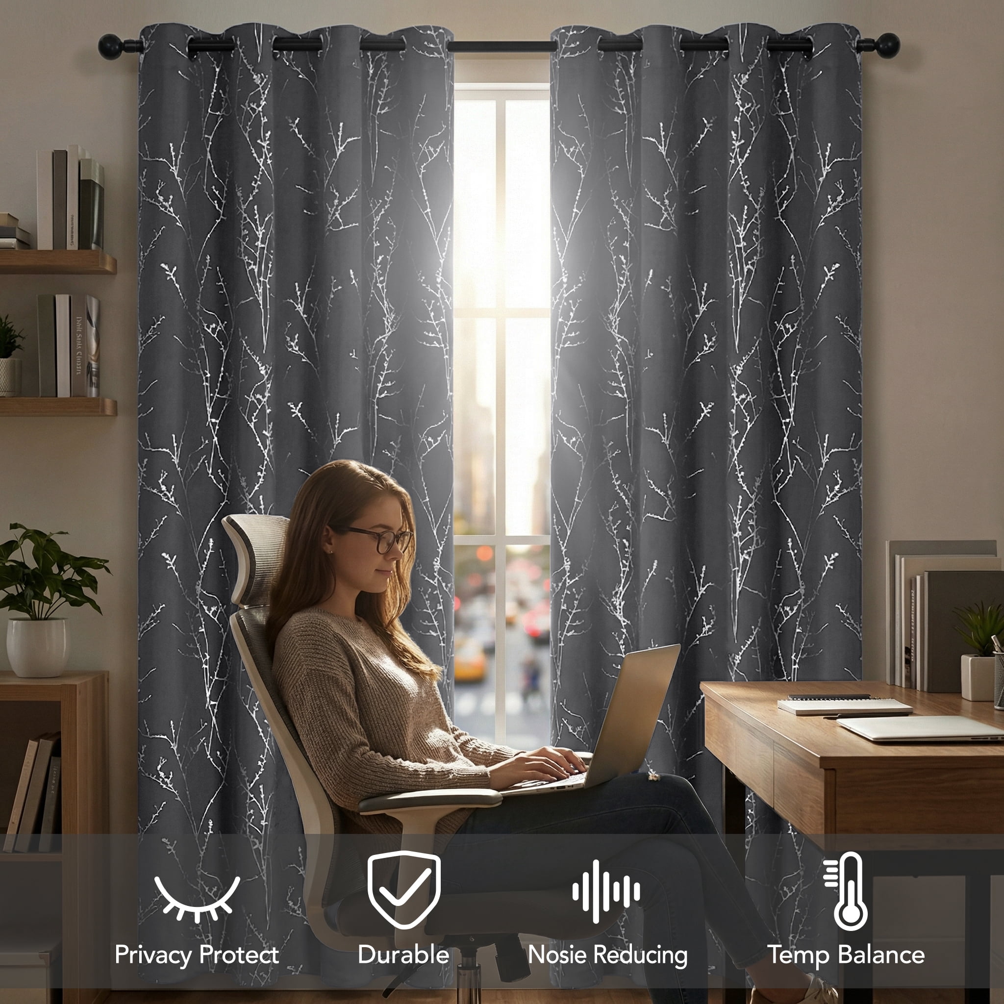 ZOPZO Blackout Curtains, Thermal Insulated,, Dark Gray, 52W x 72L Inch, Room Darkening Drapes Tree Branches Pattern for Bedroom Modern Home