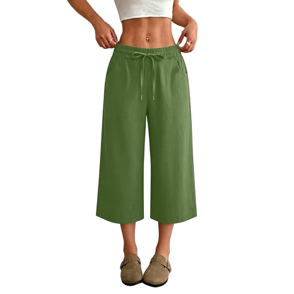 Dwellite Women's Capri Pants High Waisted Drawstring Palazzo Cropped Pants Summer Casual Trousers with Pockets Green M