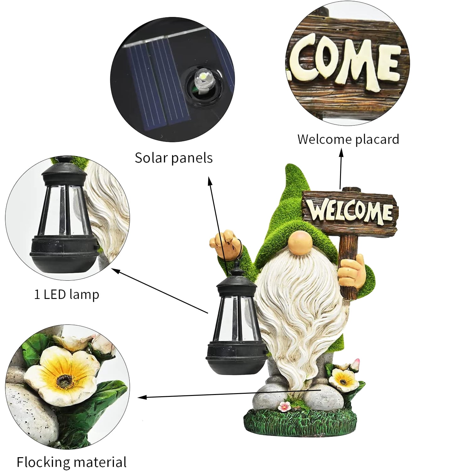 Garden Gnome Statue Outdoor Decor Large Flocked Resin Gnome Figurine with Solar Light Holding Lantern Welcome Sign Garden Yard Decorations Dwarf Sculpture for Outside Patio Porch Lawn Decor.