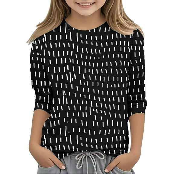 Frwgonr Girls' Athletic 3/4 Sleeve T-Shirt Black Crewneck Dressy Casual Tops Printed Lightweight Loose Cute T Shirts Size 3T-12