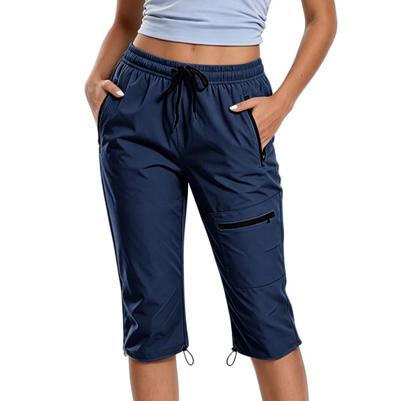 Lyrcatrment Womens Cargo Capris Plus Size Summer Casual Elastic High Waisted Drawstring Regular Fitting Trendy Lightweight Hiking Workout Outdoor Capri Pants Cropped Trousers with Pockets