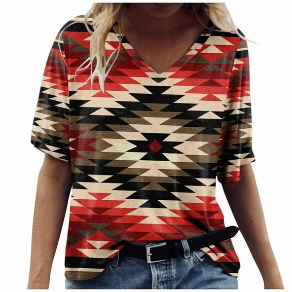 TQWQT Short Sleeve Shirts for Women Causal V Neck Western Aztec T Shirt Summer Loose Fit Ethnic Print Graphic Tees