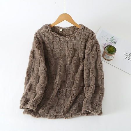 Sakmal Pullover Pajama Tops Women Warm Long Sleeve Flannel Fleece Shirts Crew Neck Brown Shirts for Women XXL