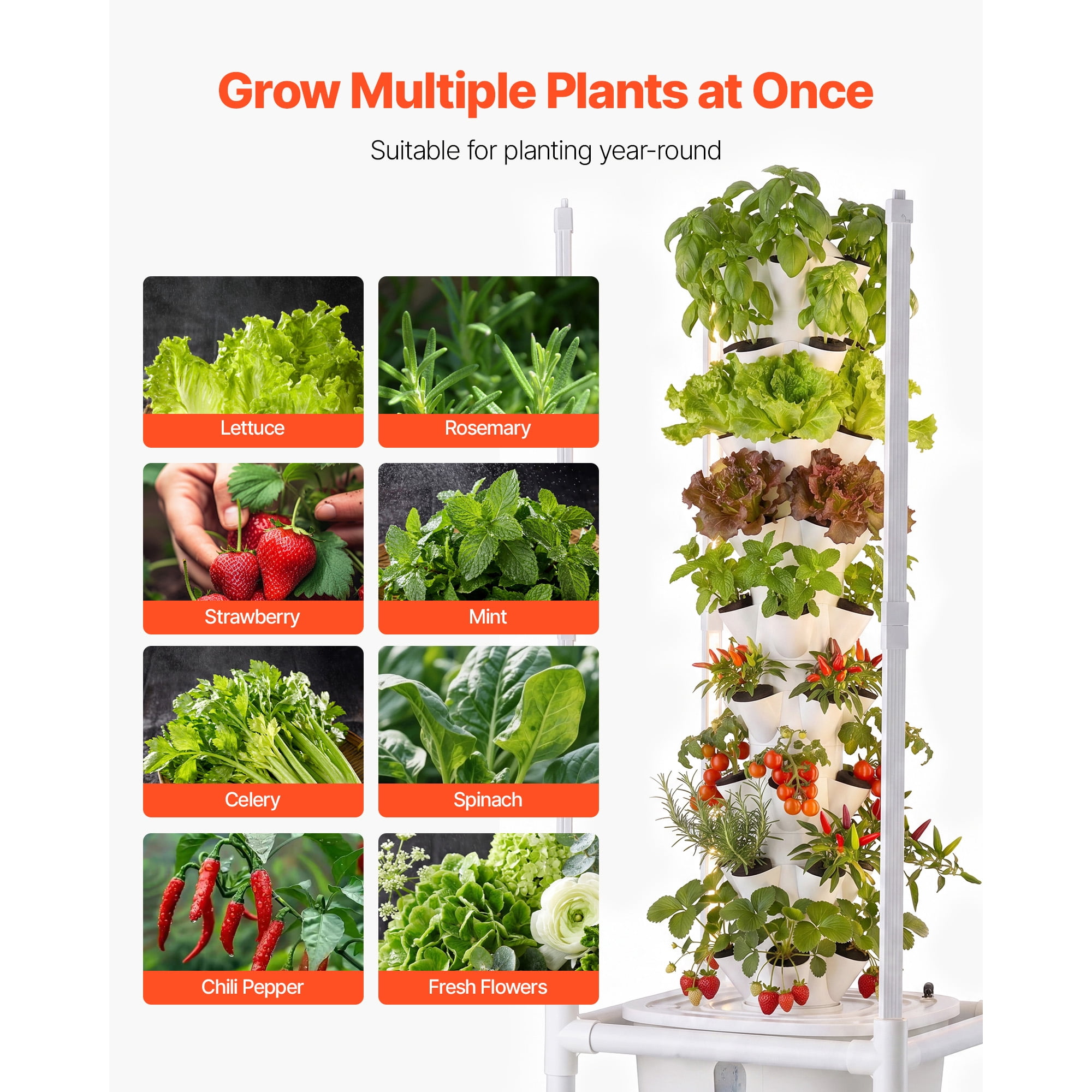 KFFKFF Hydroponic Tower System, 45 Pods and 9 Tiers with LED Grow Light, App Control & Casters, Vertical Indoor Garden with 20L Water Tank & Pump for Growing Herbs, Fruits, and Vegetables