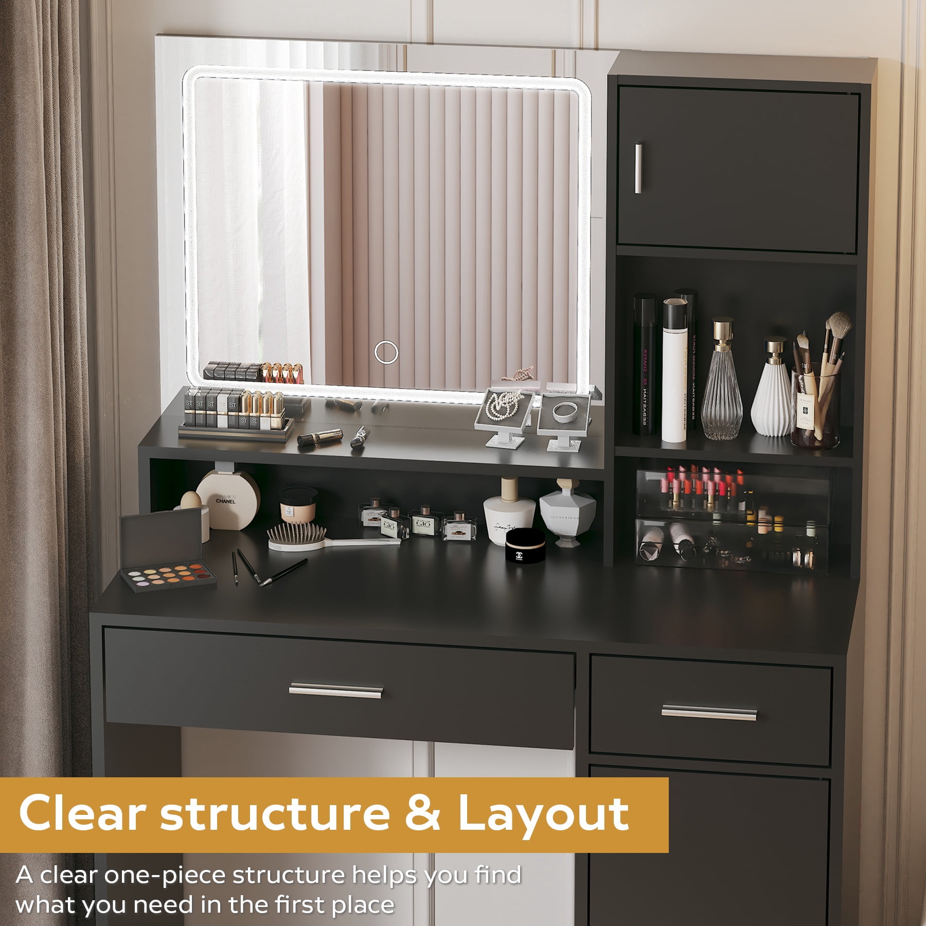 PORKISS Vanity Desk with Mirror and Lights, 3 Lighting Modes Adjustable, Wooden Makeup Vanity with 2 Large Drawers and 3 Level Storage Dresser, Dressing Table for Bedroom, Black