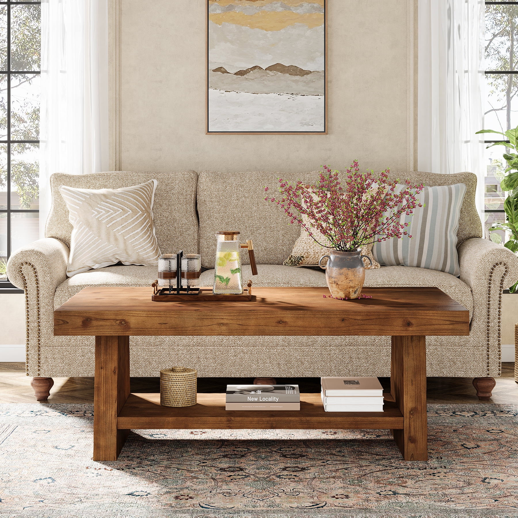 Finmind 2-Tier Solid Wood Coffee Table, 47-Inch Farmhouse Center Table with Storage,Rectangular Tea Table for Living Room, Natural Brown