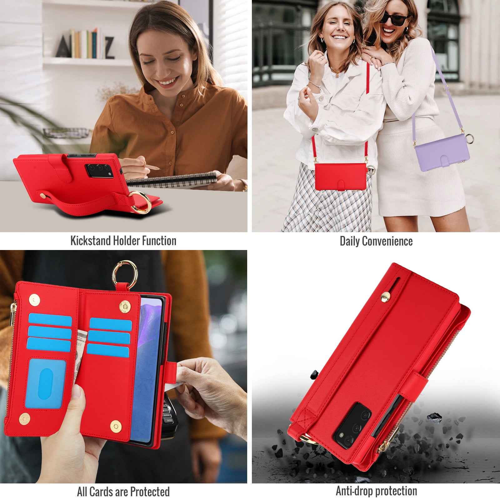 ELEHOLD For Samsung Galaxy Note 20 Phone Case Leather Crossbody Zipper Card Wallet Flip Case Kickstand Cover, with Ring Holder,Full Body Protection-Red