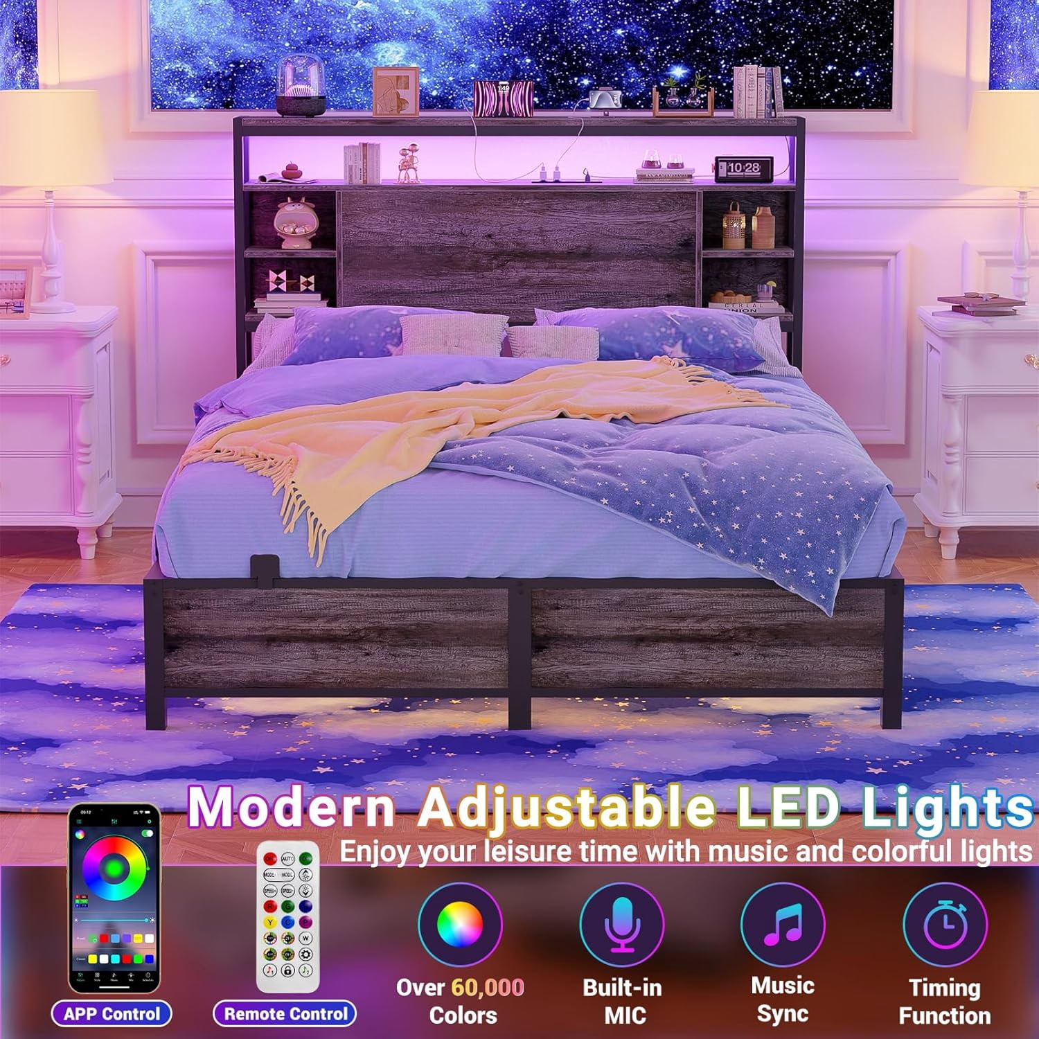 Homieasy Full Headboard with Storage, Headboards with Power Outlets and Smart LED Light, Sturdy Head Board for Full Size Bed, Black Oak