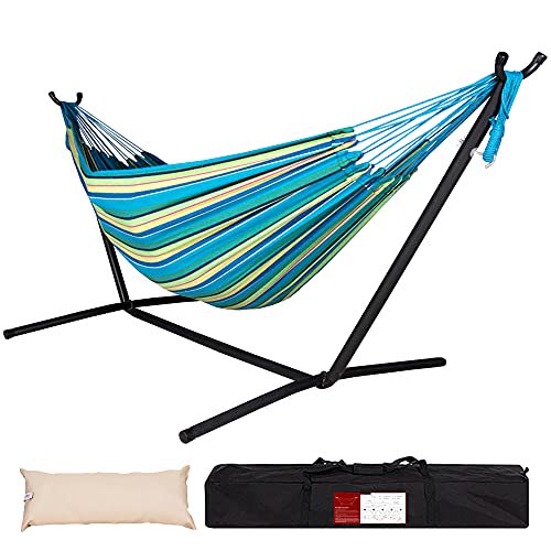 Lazy Daze Double Cotton Hammock with Space Saving Steel Stand Includes Portable Carrying Bag and Head Pillow Brazilian-Style Hammock for Indoor Outdoor Patio 450 lbs Capacity, Oasis Stripe
