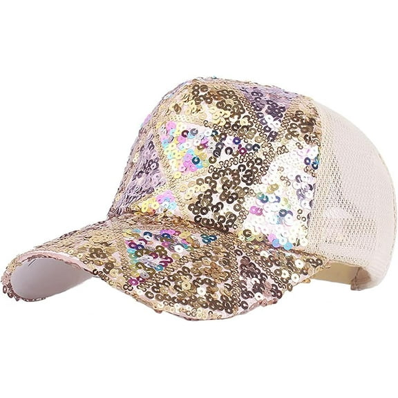 BOLLEY JOSS Sequin Ponytail Baseball Cap for Women Girls Velcro Ponycap Adjustable Mesh Trucker Hat