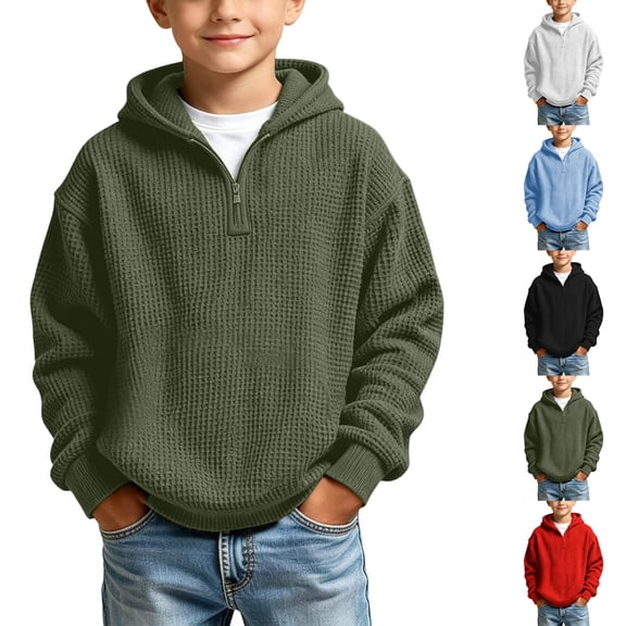 Falkdiz Boys Waffle Sweatshirts 1/4 Zipper Winter Pullover Outdoor Long Sleeve Casual Solid Color Shirts for Boys Hooded,Army Green,Size: 3-4