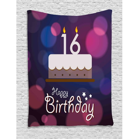 16th Birthday Decorations Tapestry, Cake Candle Anniversary of Birth Best Wishes Young Image, Wall Hanging for Bedroom Living Room Dorm Decor, 60W X 80L Inches, Fuchsia Dark Blue, by