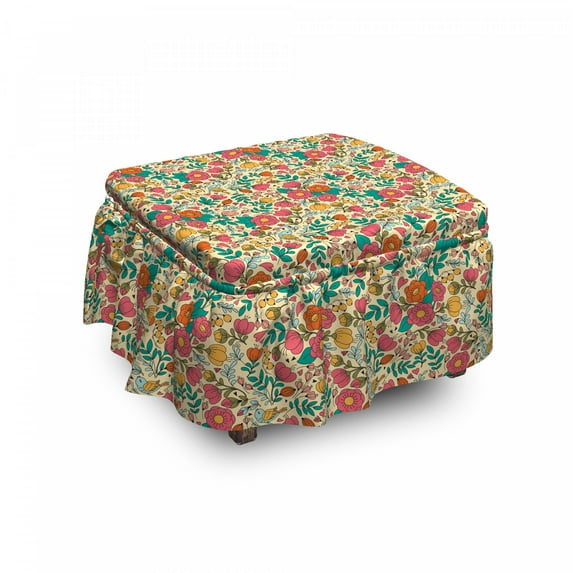 Floral Ottoman Cover, Cartoon Singing Birds Flower, 2 Piece Slipcover Set with Ruffle Skirt for Square Round Cube Footstool Decorative Home Accent, Standard Size, Multicolor, by Ambesonne