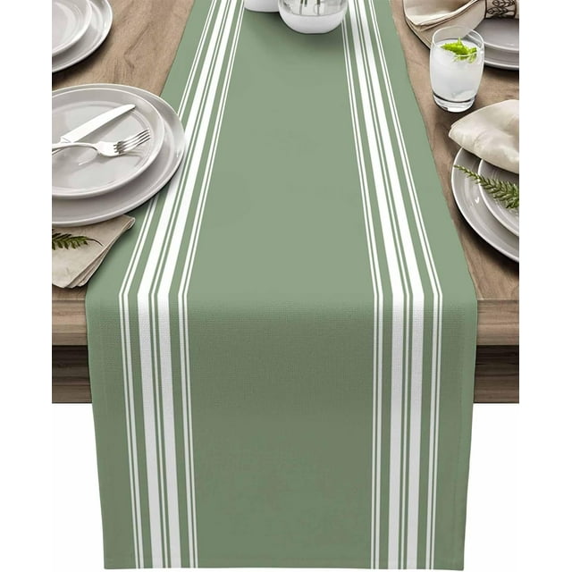 Sage Green Stripes Cotton Linen Table Runner 13x70 Inches Long, Burlap Cloth, Machine Washable, Perfect for Dining Room Coffee Holiday Party Wedding Events