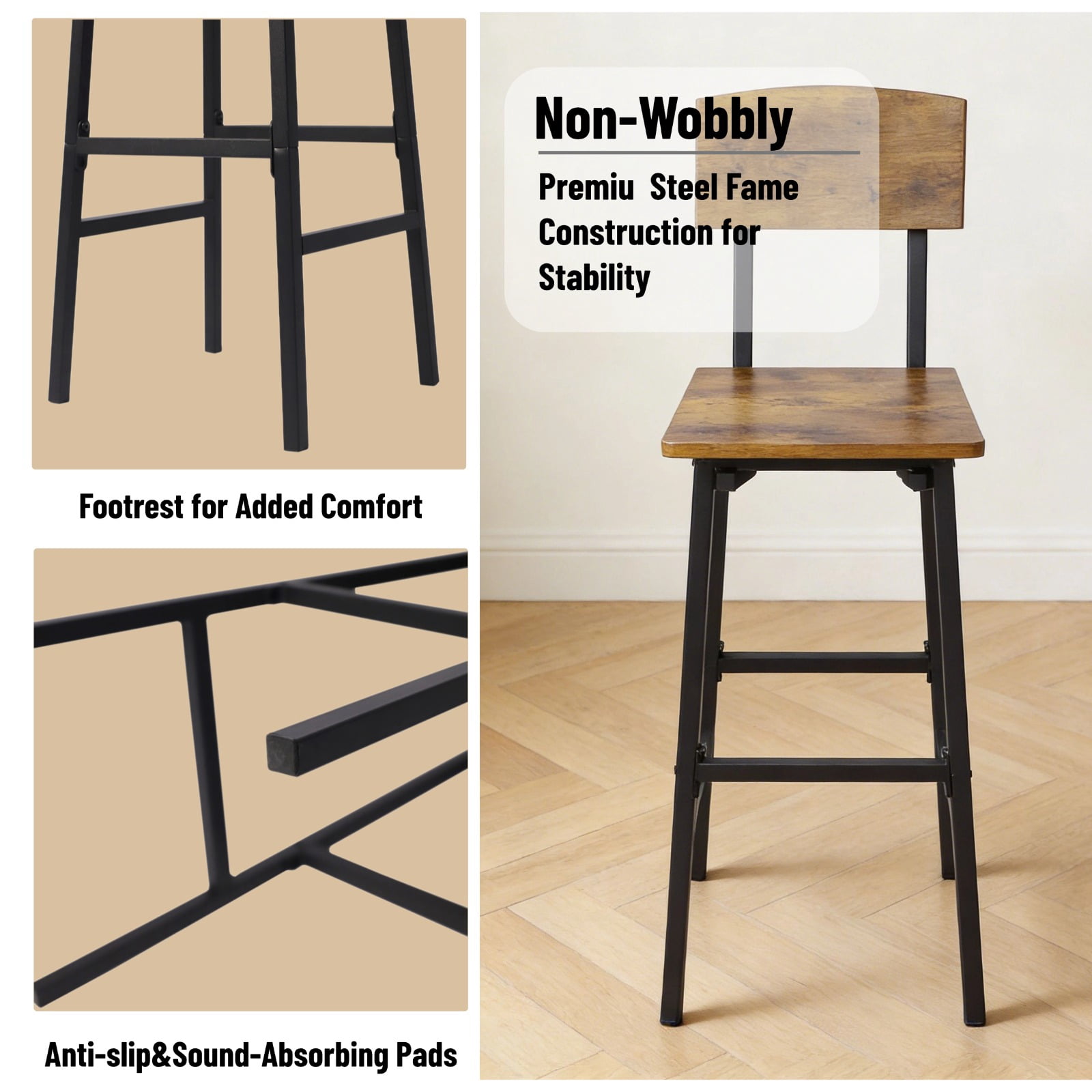 Set of 2 Bar Stools with Backrest, 26"/30" Counter Height Barstools, Rustic Wood & Metal Industrial Bar Chairs, Farmhouse Armless Bar Stools for Kitchen Island, Dining Room, Pub, Bistro