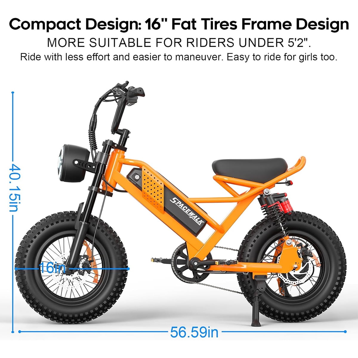Spacewalk Small Electric Bike,16" Fat Tire Ebike,Compact Design,More Suitable for Riders Under 5'2", and Teenagers with 750W Motor, 21.7MPH with Removable 48V/15AH Battery,50-Miles Motorcycle