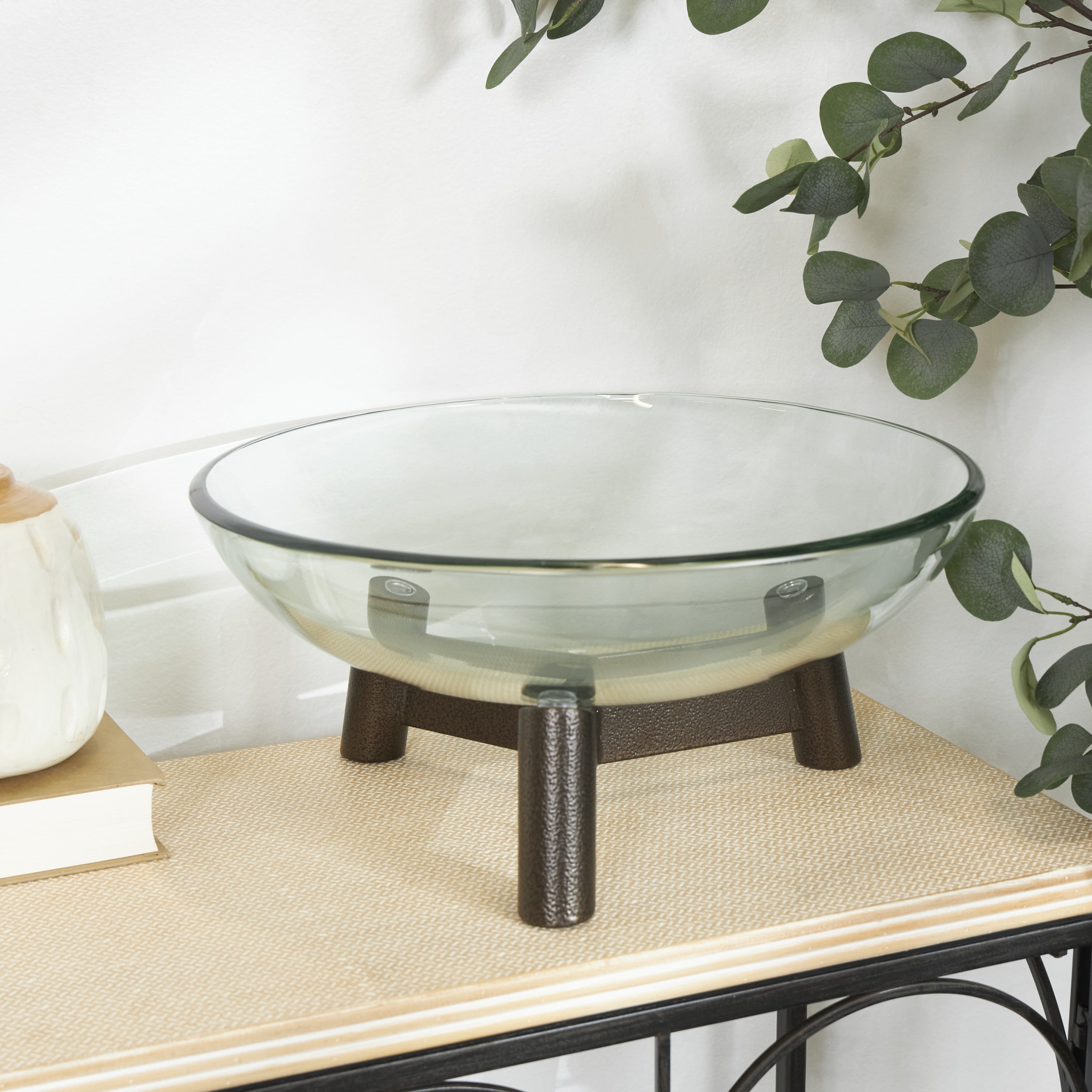 DecMode 16" x 9" Clear Glass Serving Bowl with Bronze Hammered Y-Shaped Stand, 1-Piece