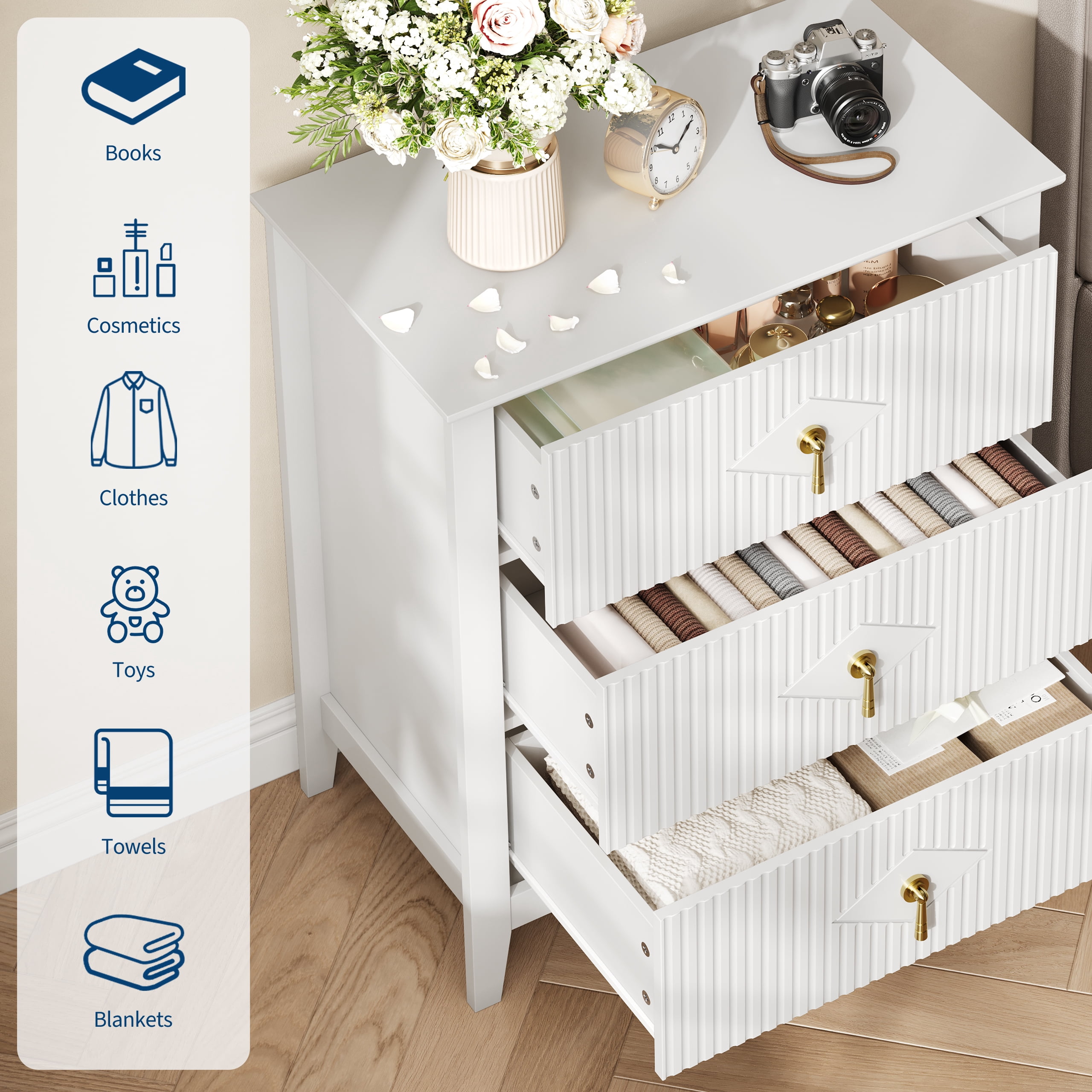 White Fluted Dresser for Bedroom, 32 Inch Wide Nightstand with Large Drawer, 3 Drawer End Table for Bedroom, Living Rooms, Offices, and Entryways