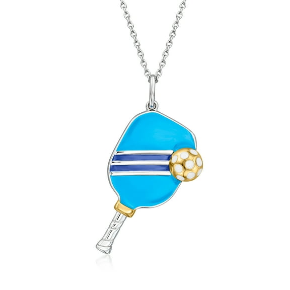 Ross-Simons Blue and White Enamel Pickleball Pendant Necklace in Sterling Silver and 18kt Gold Over Sterling, Women's, Adult
