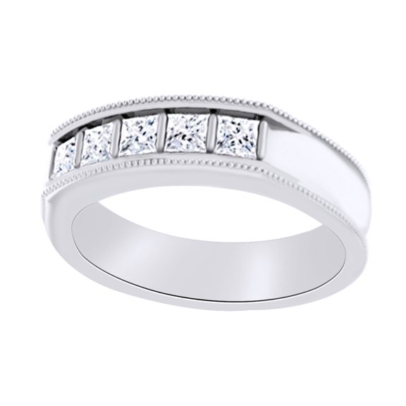 AFFY Princess Cut White Natural Diamond Men's Band Ring In 14k Solid White Gold (0.75 Ct),Ring Size-14