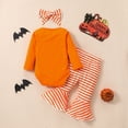 thumbnail image 3 of URMAGIC Newborn Baby Girls Halloween Letter Print Outfits Infant Toddler Long Sleeve Romper +Stripe Trumpet Pants+Headband 3PCS Set, 3 of 10