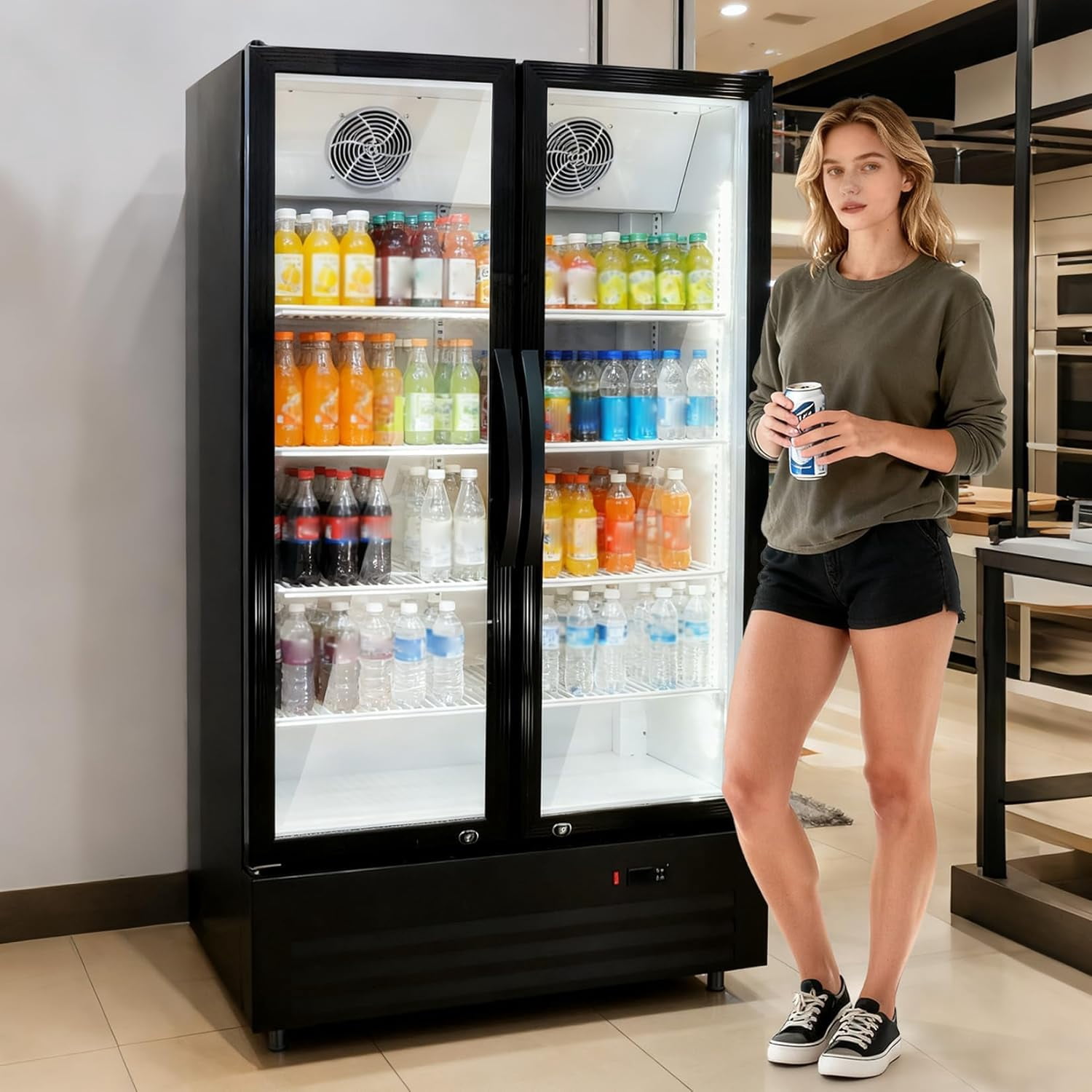 GlowSol 32.5 Cu. Ft. Commercial Beverage Fridge – Double Glass Door Display Refrigerator featuring 8 Adjustable Shelves and a Frost-Free System.