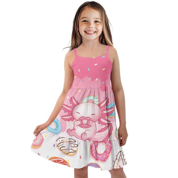 Uourmeti Girls Axolotl Donuts Dresses 7-8Y Cute Spaghetti Strap Beach Sundress Casual Flared Swing A-Line Tiered Dresses for Girls Princess Holiday Clothes