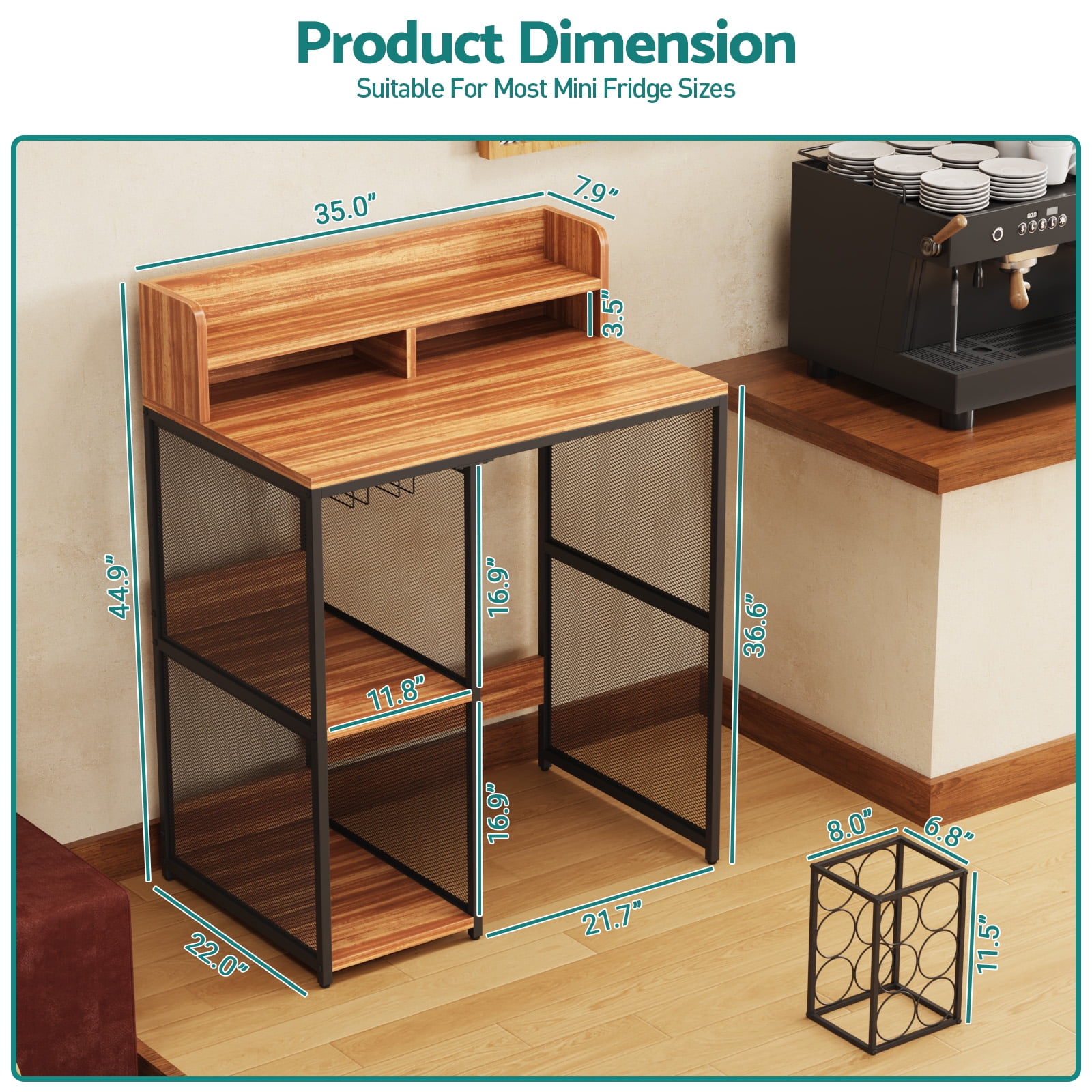 Advwin 4-Tier Mini Fridge & Microwave Oven Stand, Adjustable Kitchen Bakers Rack, Industrial Style Freestanding Utility Storage Shelf for Living Room, Dorm, Office, Bar, Natural