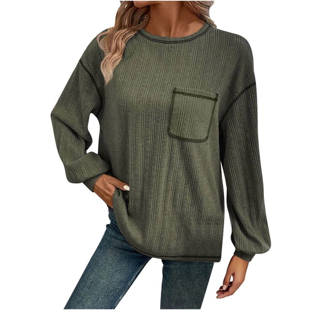 cfhntfmh Women's Ribbed Sweater Crew Neck Long Sleeve Shirts 2024 Fall Loose Solid Knit Pullover with Pockets