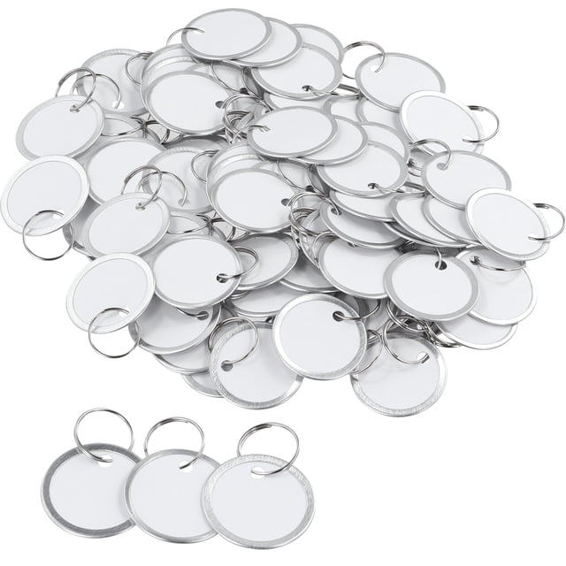 150 etiquetas de metal para llantas, etiquetas blancas para llaves con anillos divididos de metal, etiquetas de papel redondas en blanco de 1,22 pulgadas, etiquetas para llaves pequeñas, etiquetas de