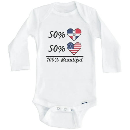 

50% Dominican 50% American 100% Beautiful Dominican Republic Flag Heart One Piece Baby Bodysuit (Long Sleeve) 6-9 Months White