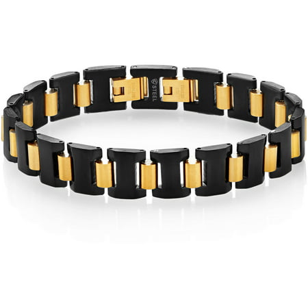 Crucible Black and Gold IP Dual-Finish Stainless Steel Cylinder Link Bracelet (13mm), 8.5