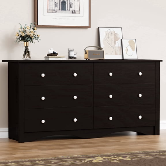 Vineego 58'' Wide 6 Drawers Dresser, Rustic Modern Chest of 6 Drawers Extra Wide Double Dresser for Master Bedroom or Nursery Storage,Brown