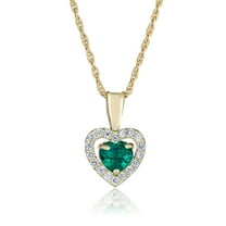 AVORA 14K Yellow Gold May Birthstone- Emerald with Simulated Diamond CZ Heart Halo Pendant Necklace with 18" Chain
