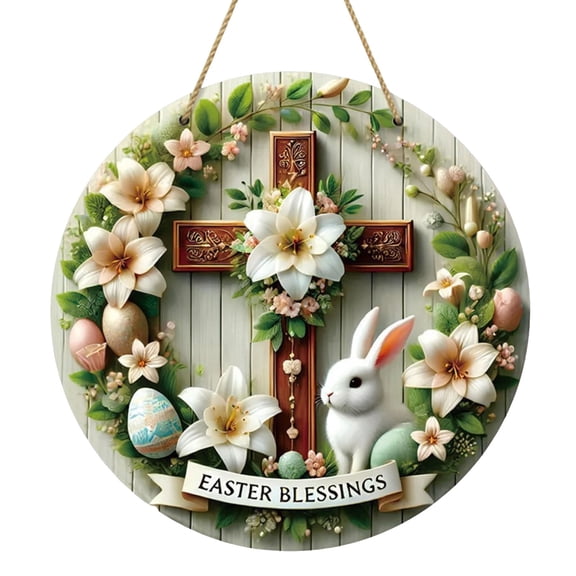 Easter Bunny Wreath,Easter Decoration Wooden Wreaths for Front Door Sign Cross Sign Door Wall Signs,Lily Flowers Ornaments Hanging Crafts for Spring Home Farmhouse Party Porch Decor,1PC,7.9x0.12 Inch