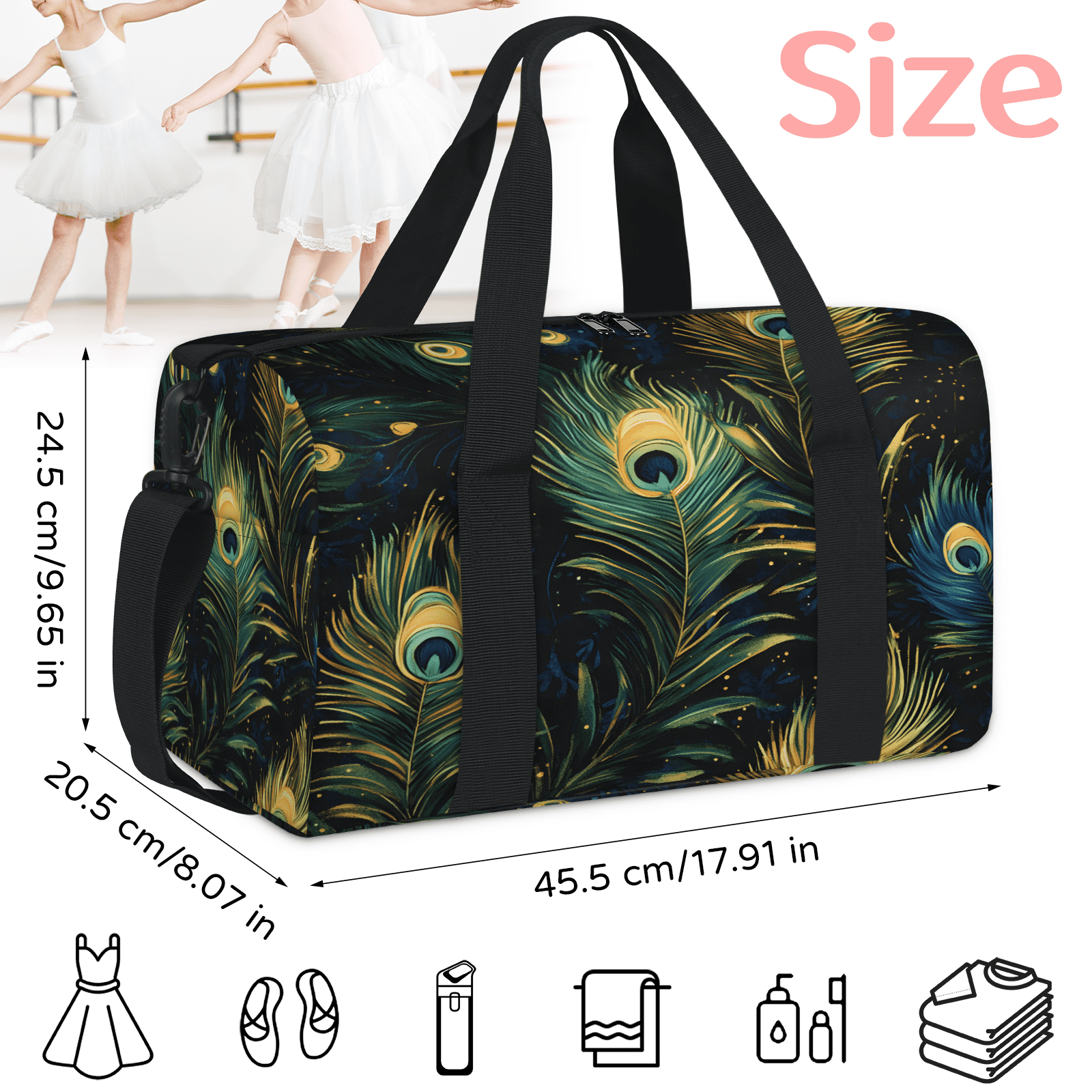 Herdesigns Vintage Peacock Feather Gym Bag for Women, Duffle Bag for Travel Sport, Lightweight Waterproof Carry on Weekender Dance Yoga Workout Bags
