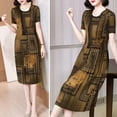 thumbnail image 5 of Xioeram Summer Women Dress Round Neck Short Sleeves Vintage Print Slim Fit Knee Length Pleated Mid-aged Women Office Prom Party Midi Dress, 5 of 7