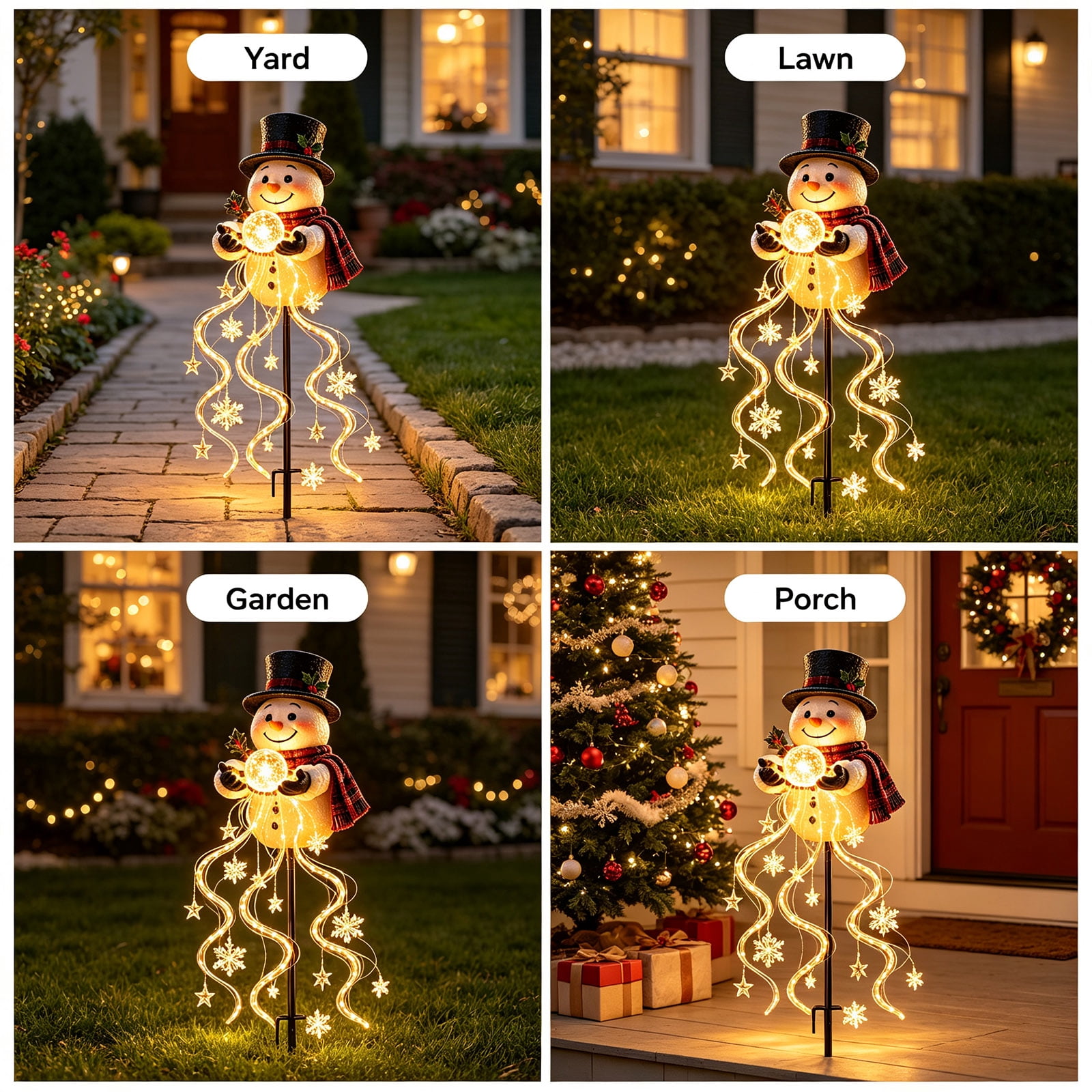 FeiBiQiuBi Snowman Magic Fountain Garden Light, Flowing Snowflake LED Christmas Stake Light with Cascading Stars, Warm Glow, Solar Power and Outdoor Garden Stake for Christmas Yard Decor