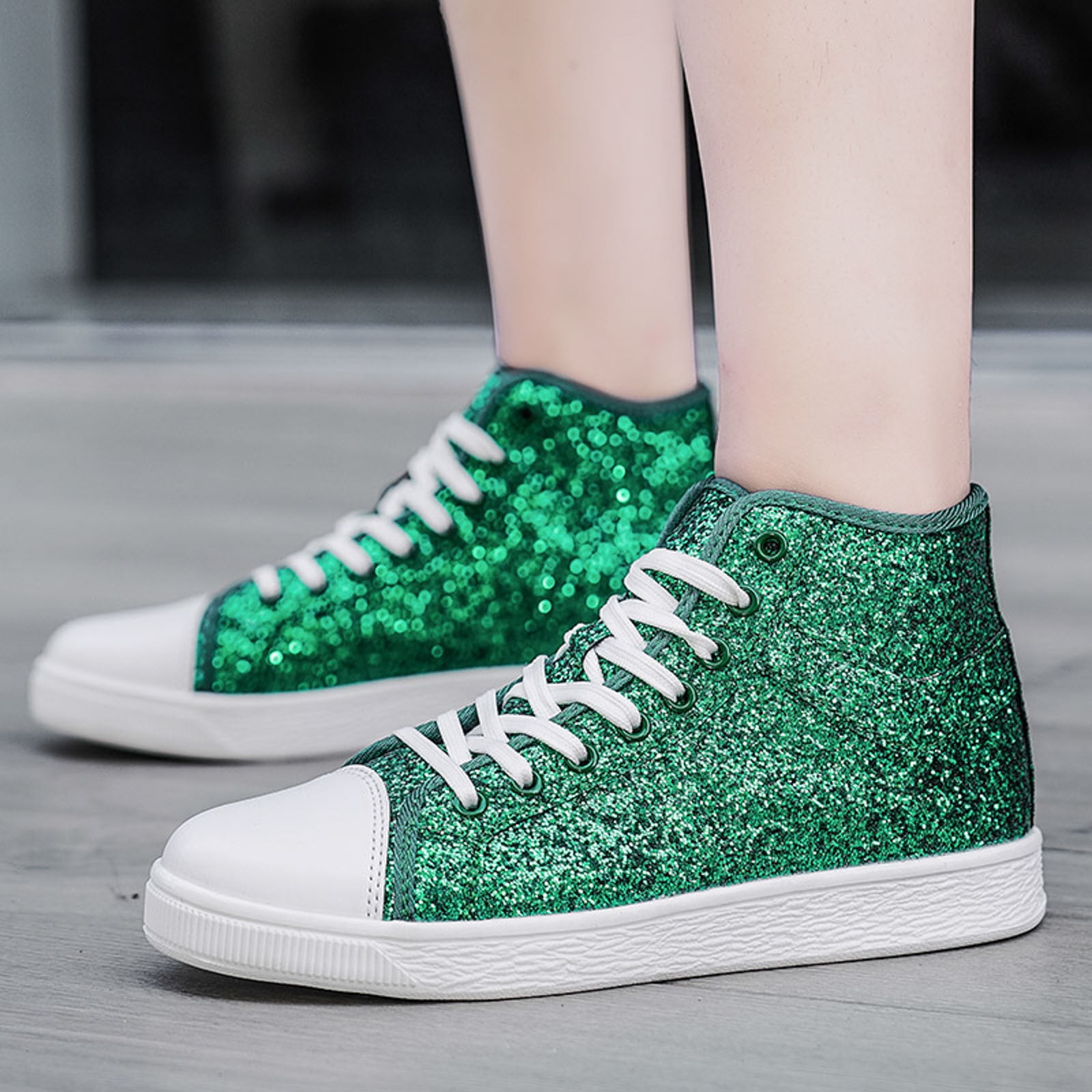 Adult Women Shoes Womens Casual Shoes Size 6 Ladies Simple Lace Up High Top Casual Shiny Fine Glitter Flat Shoes Casual Shoes Board Shoes Female