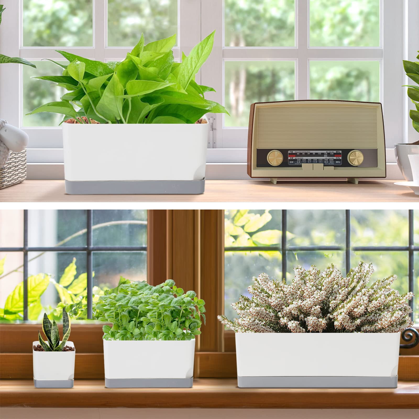 Self Watering Indoor Planter Set 7 Pack Plastic Herb Pots with Drainage Saucer Window Boxes Rectangle Planters for Plants