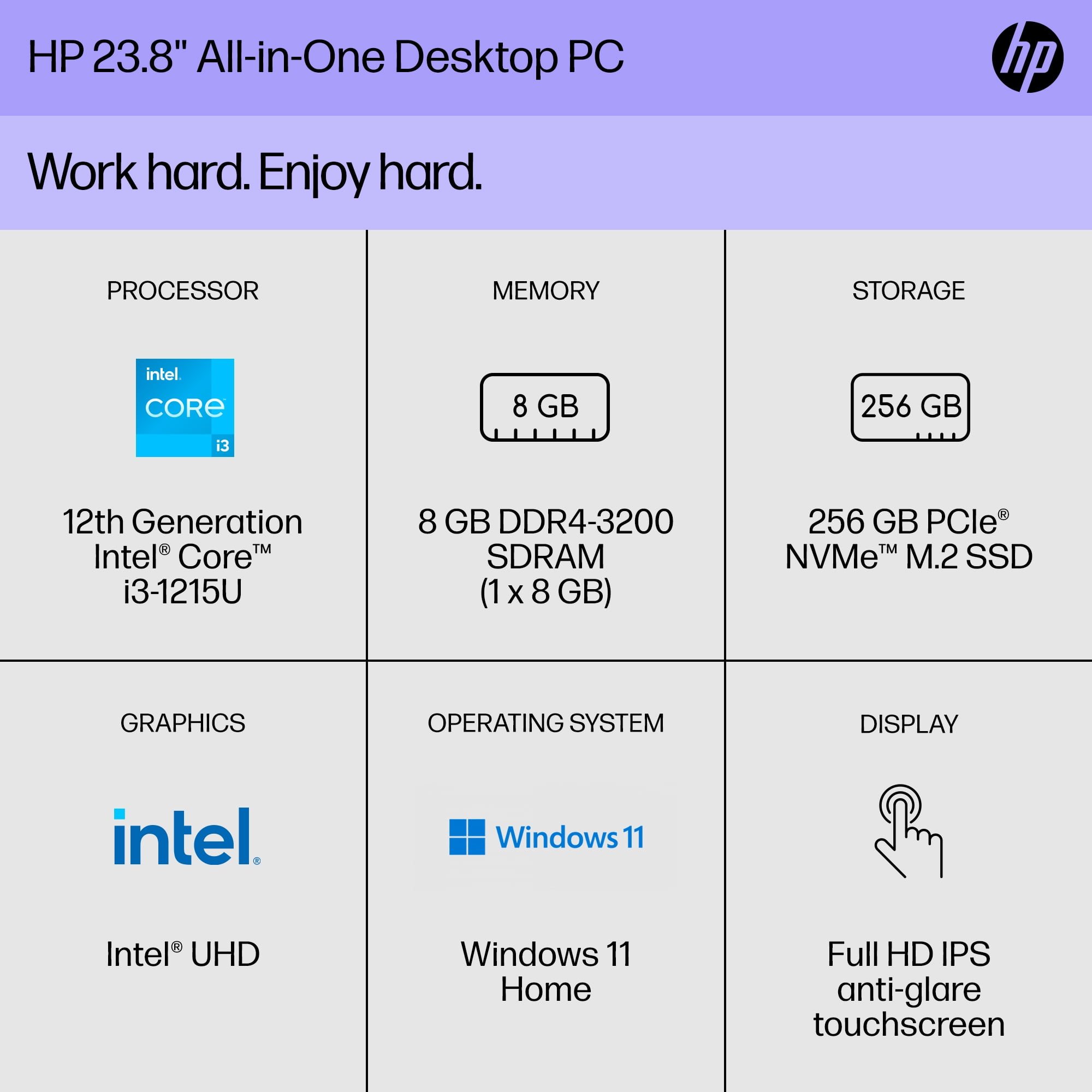 HP 23.8" All-in-One PC, Intel Core i3-1215U, 8GB RAM, 256GB SSD, Touchscreen, Windows 11 Home