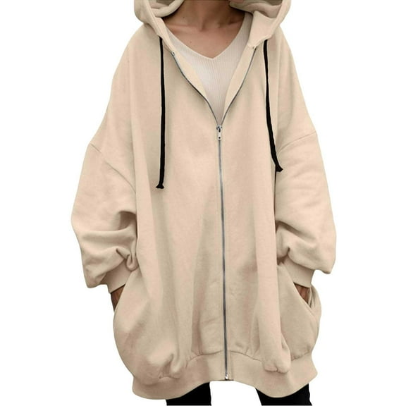 Breezora Womens Oversized Full Zip Hoodie Long Sleeve Loose Warm Sweatshirt Fall Winter Pullover With Pockets L Size Beige