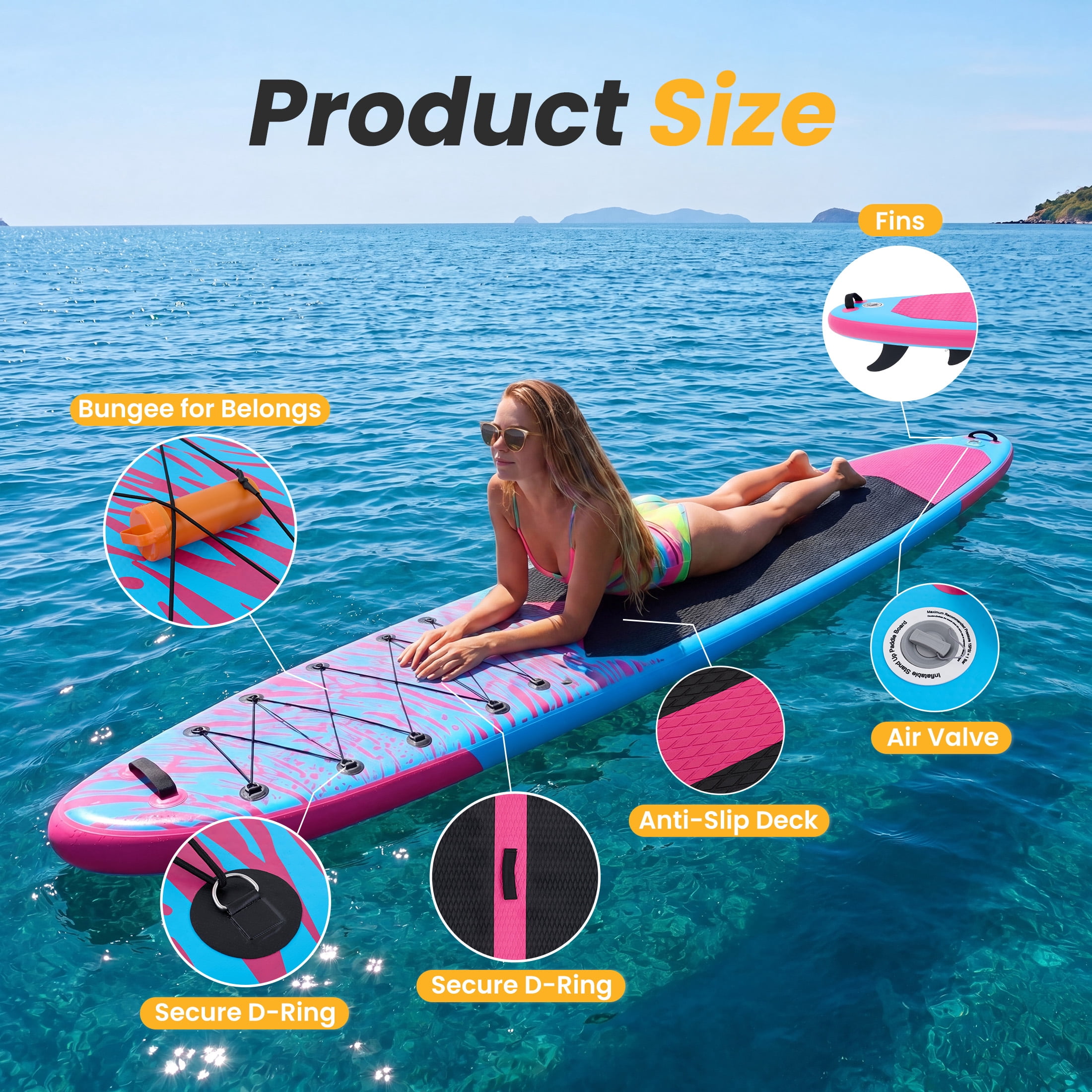 EDX 10.6 ft Inflatable Stand Up Paddle Board, 33" Wide SUP with Paddle, Pump, Fins, Leash & Carry Bag, Non-Slip Stable Board for Adults & Beginners, Pink Blue