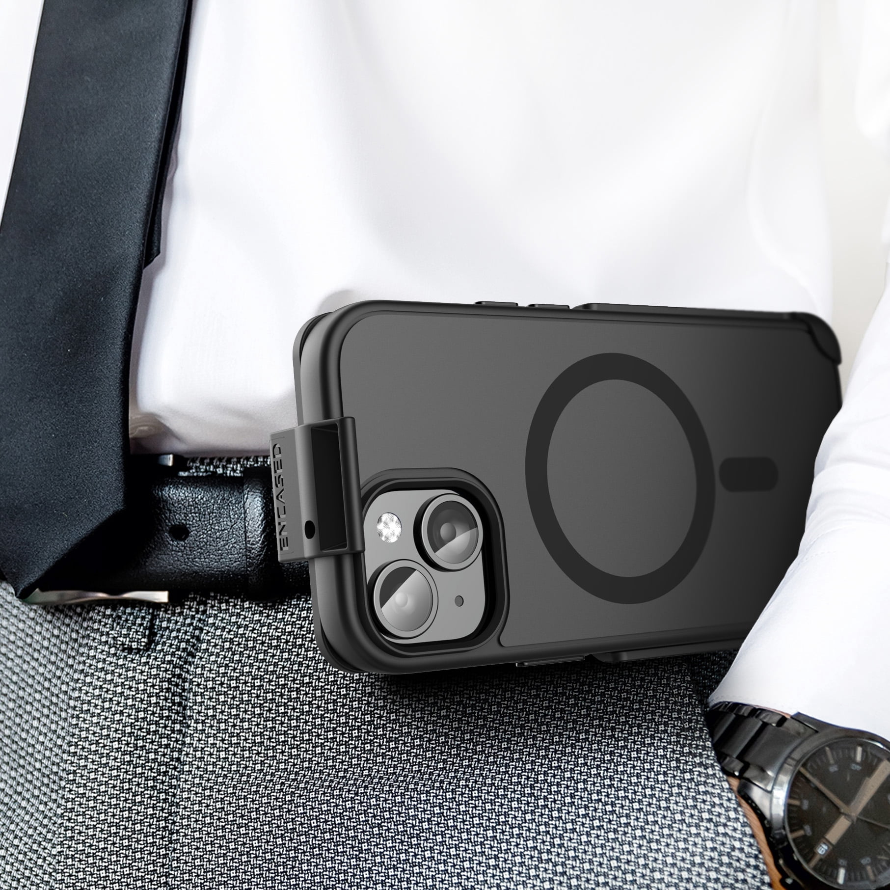 Encased SlimShield Designed for iPhone 15 Belt Clip Case with Holster (Compatible with MagSafe) Black