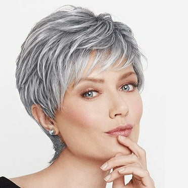 QUEENTAS Short Grey Wigs for Black Women Pixie Cut Wigs with Bang Synthetic Layered Sliver Gray Wig with Dark Roots Wig Cap (Ombre Grey)
